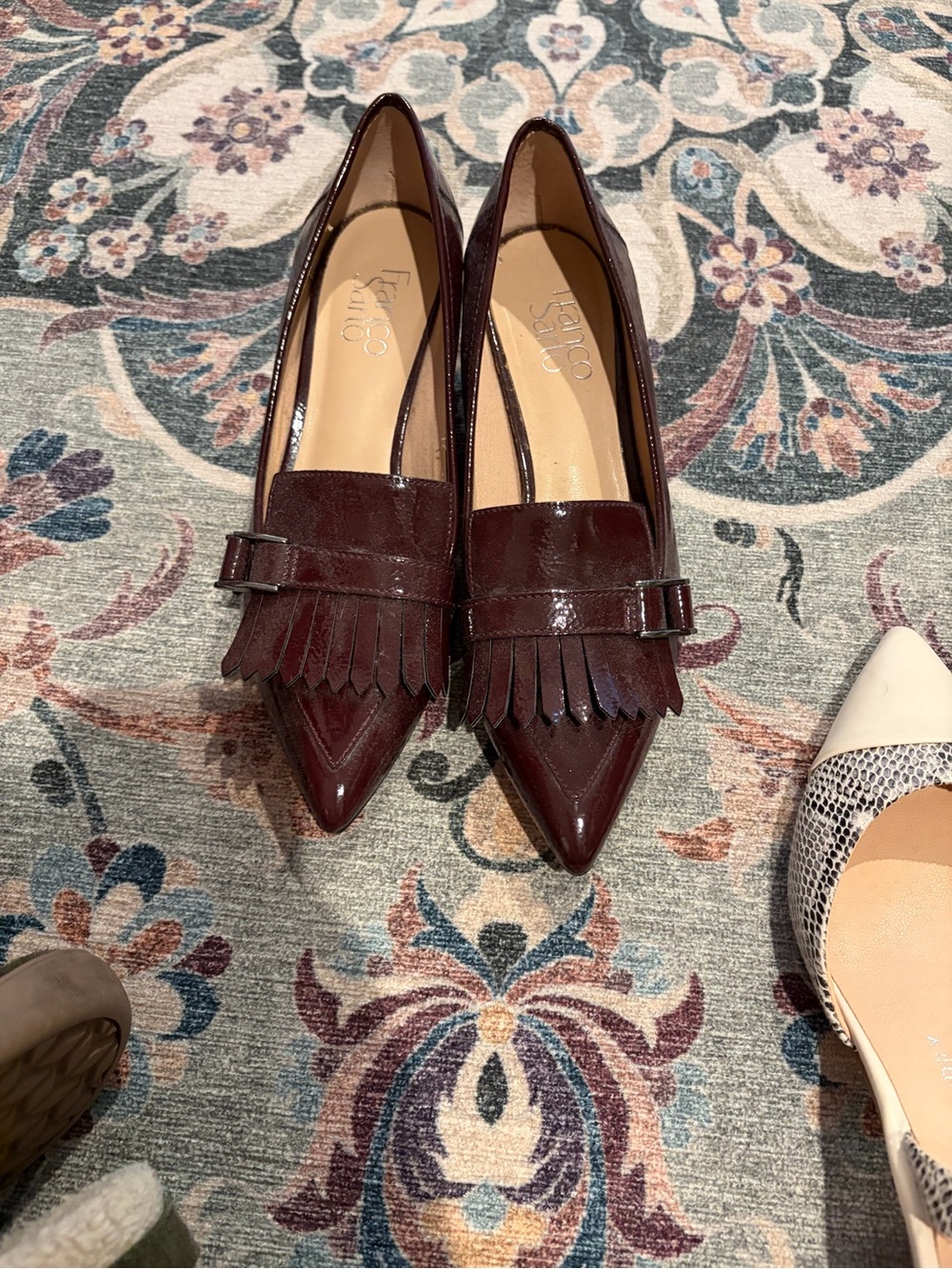 Franco Sarto Burgundy Patent Kiltie Pointed toe heeled Loafers size 7